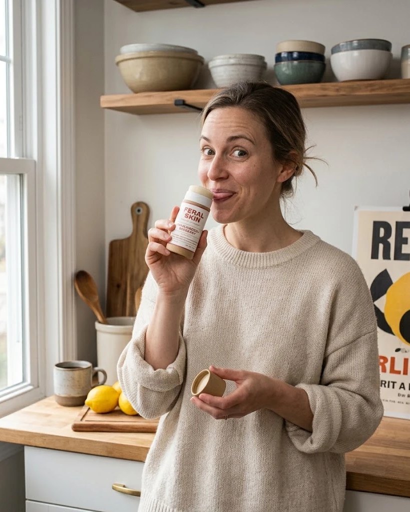 A woman in a kitchen pretending to taste a Feral Skin deodorant