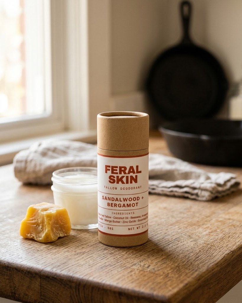 Feral Skin tallow deodorant in a paper tube on a wooden kitchen counter, next to a block of beeswax and a jar of tallow