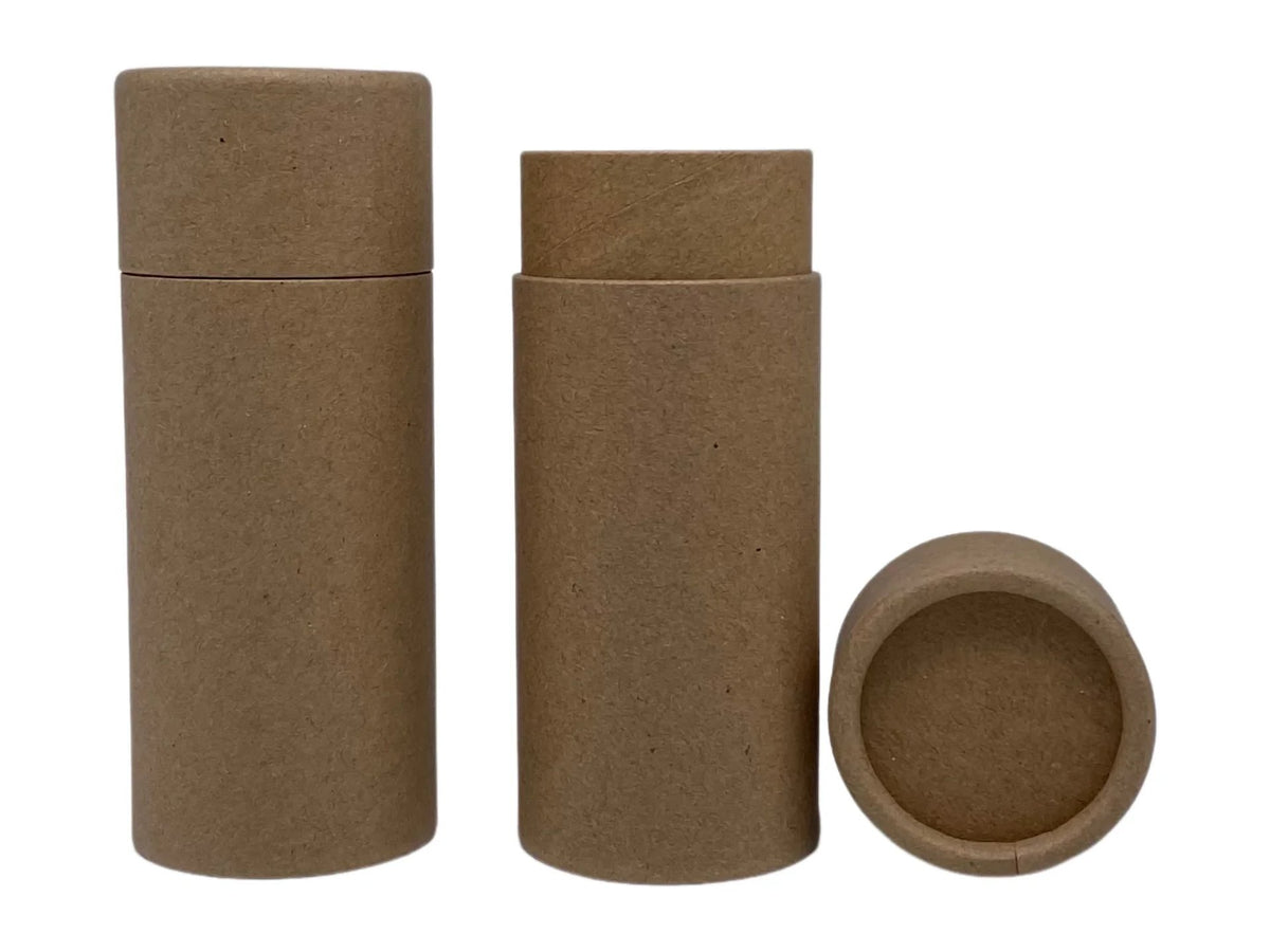 Plain kraft paper deodorant tubes and a paper cap, no plastic