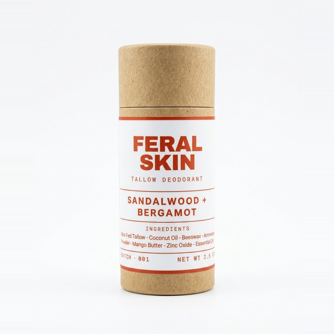 Feral Skin Tallow Deodorant, Sandalwood + Bergamot, in a kraft paper tube with a white and red label